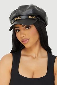 Faux Leather Criss Cross Chain Detail Cabbie Hat