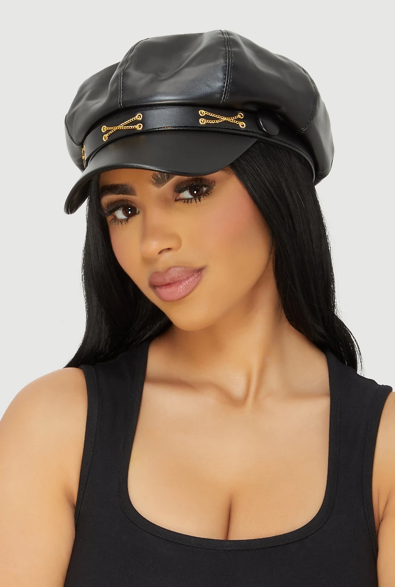 Faux Leather Criss Cross Chain Detail Cabbie Hat