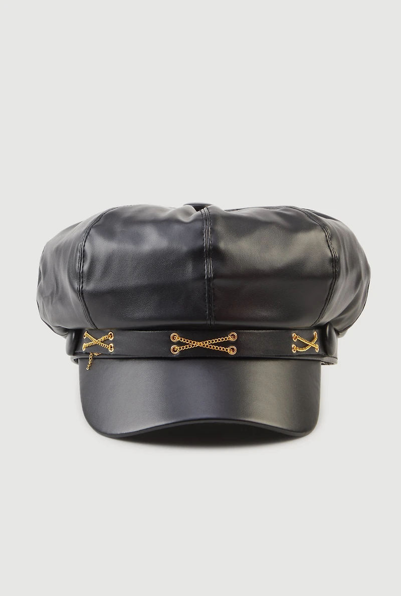 Faux Leather Criss Cross Chain Detail Cabbie Hat