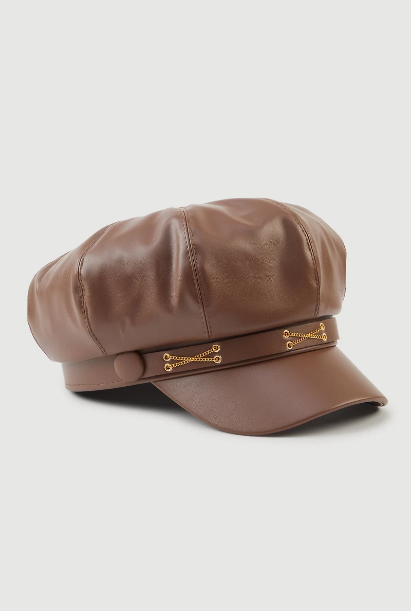 Faux Leather Criss Cross Chain Detail Cabbie Hat