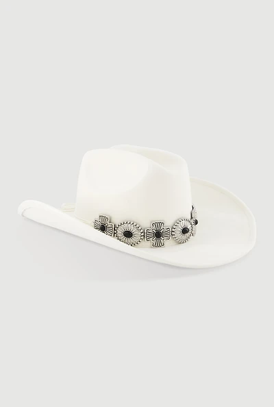 Womens Faux Suede Metallic Cross Cowboy Hat, White