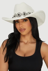 Womens Faux Suede Metallic Cross Cowboy Hat, White