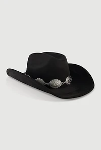 Womens Concho Chain Detail Faux Suede Cowboy Hat, Black