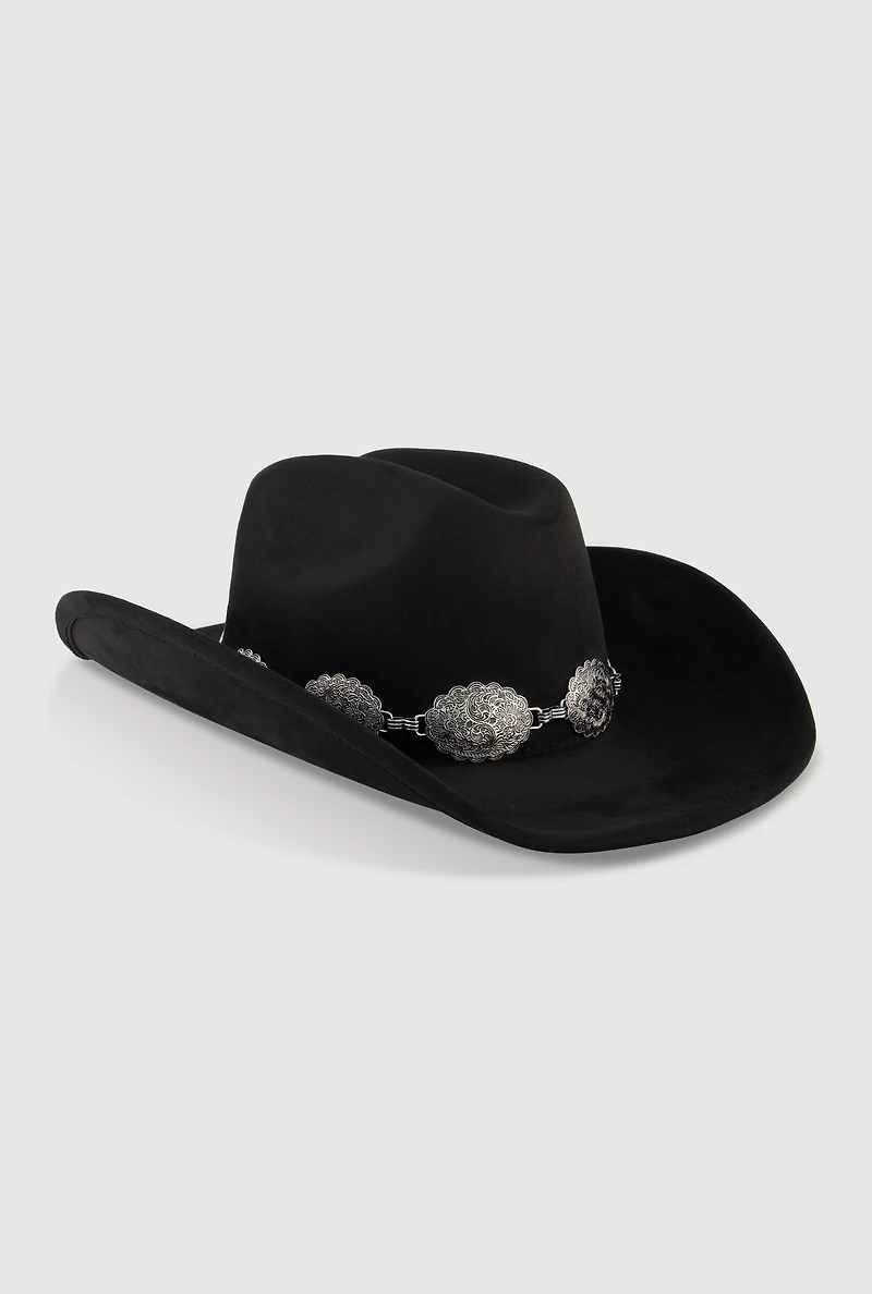 Concho Chain Detail Faux Suede Cowboy Hat