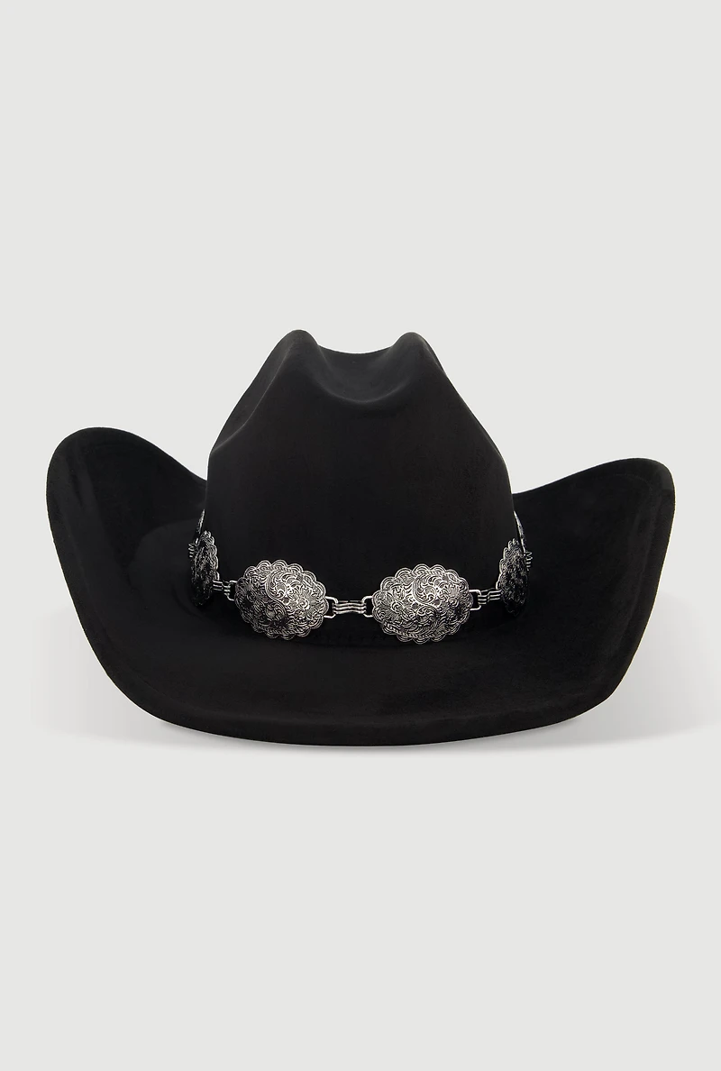 Womens Concho Chain Detail Faux Suede Cowboy Hat, Black
