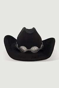 Womens Concho Chain Detail Faux Suede Cowboy Hat, Black