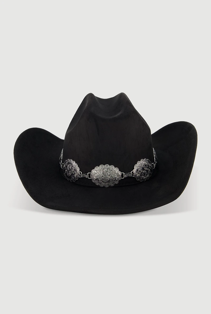 Womens Concho Chain Detail Faux Suede Cowboy Hat, Black