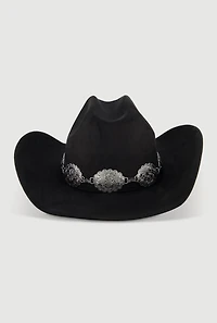 Womens Concho Chain Detail Faux Suede Cowboy Hat, Black
