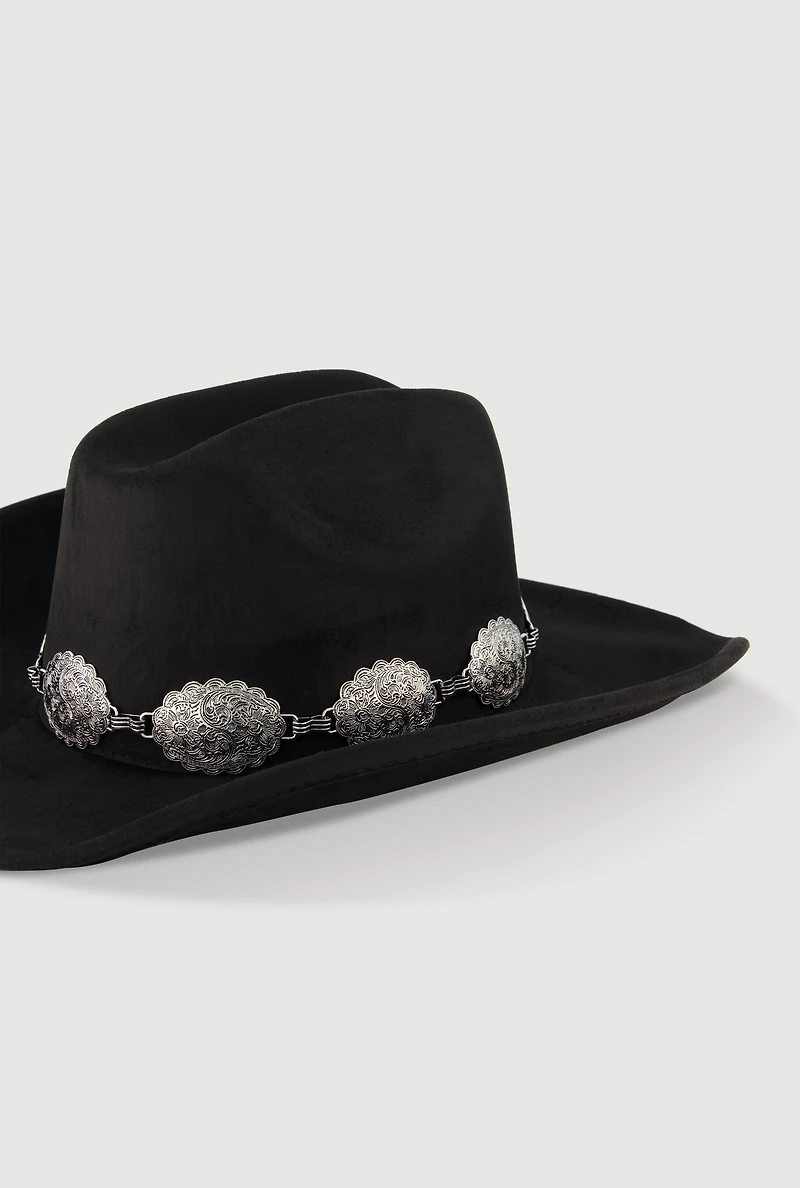 Concho Chain Detail Faux Suede Cowboy Hat
