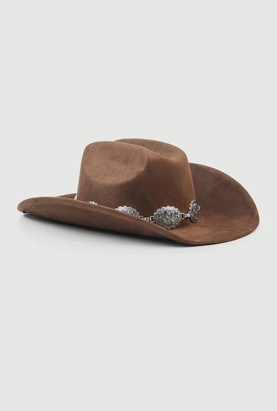 Womens Concho Chain Detail Faux Suede Cowboy Hat, Brown