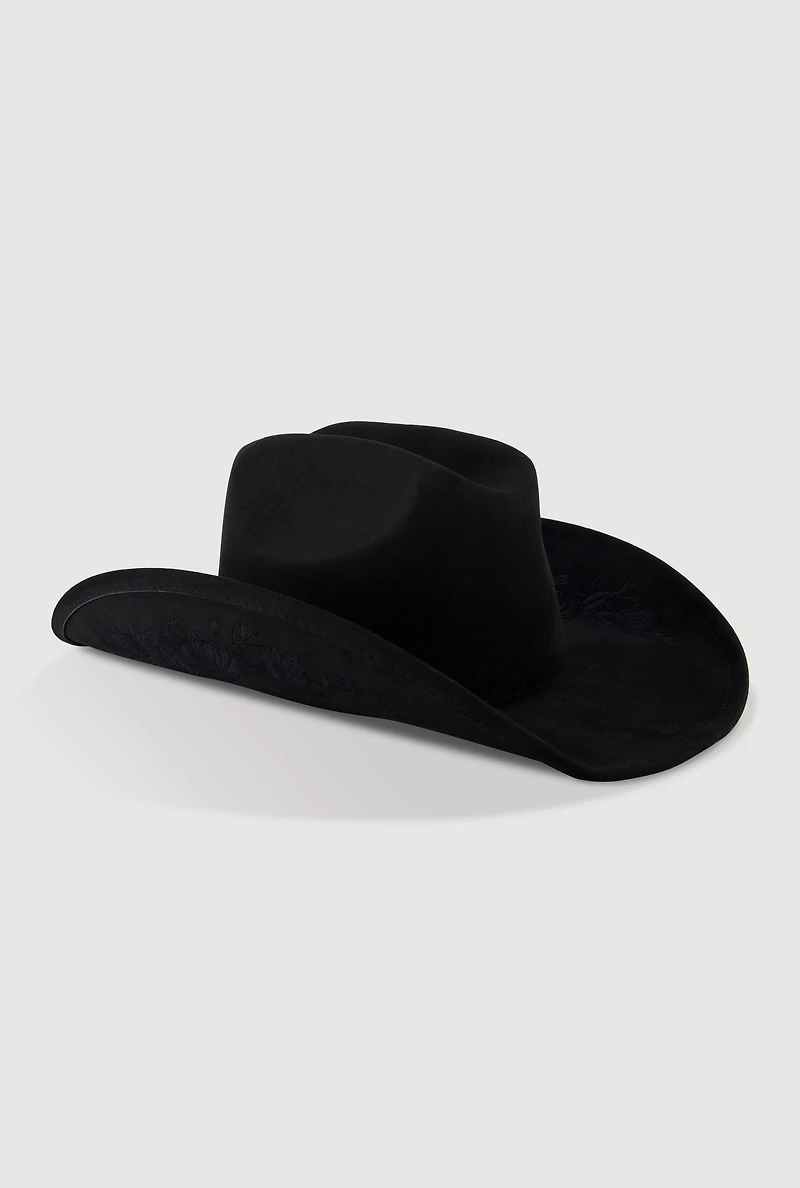 Faux Suede Floral Embroidered Cowboy Hat