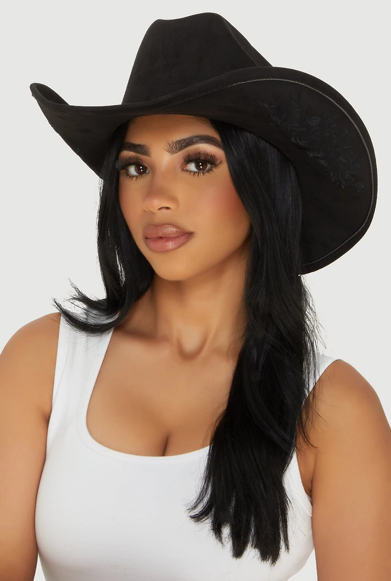 Faux Suede Floral Embroidered Cowboy Hat