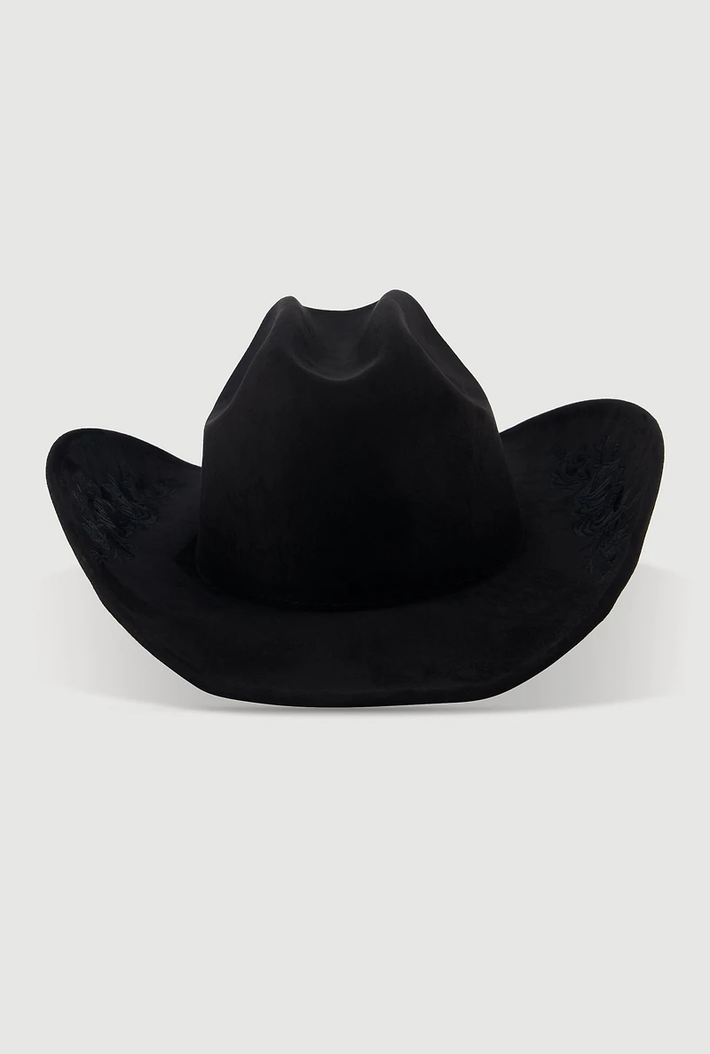 Faux Suede Floral Embroidered Cowboy Hat