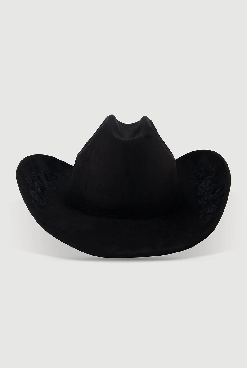 Faux Suede Floral Embroidered Cowboy Hat