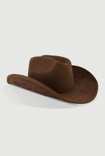 Womens Faux Suede Floral Embroidered Cowboy Hat, Brown
