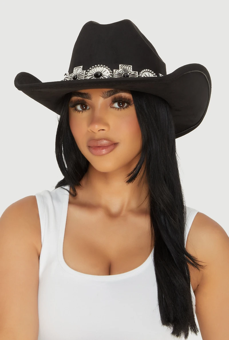 Chic Faux Suede Metallic Cross Cowboy Hat