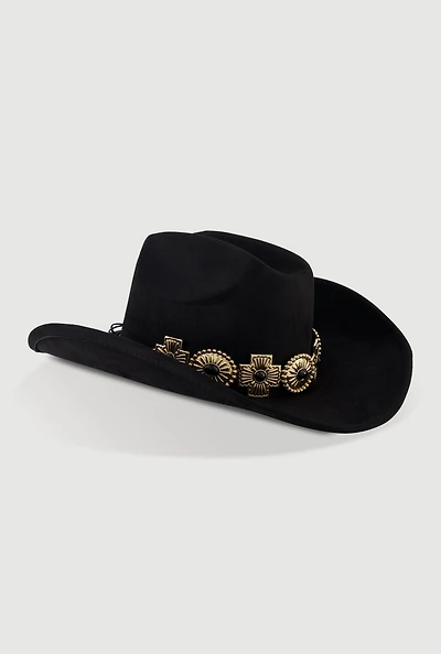 Womens Trendy Faux Suede Metallic Cross Trim Cowboy Hat, Black