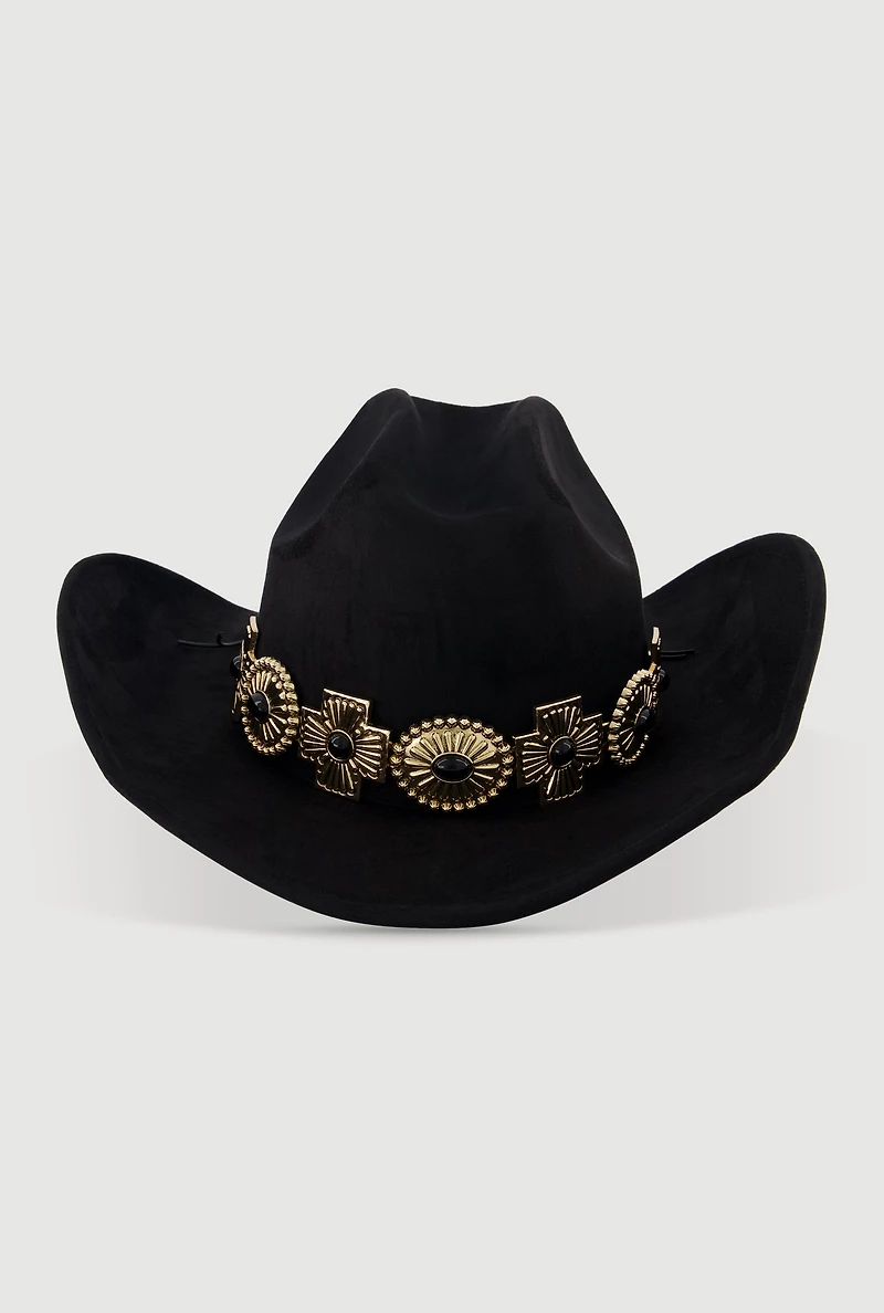 Womens Trendy Faux Suede Metallic Cross Trim Cowboy Hat, Black