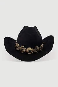 Womens Trendy Faux Suede Metallic Cross Trim Cowboy Hat, Black