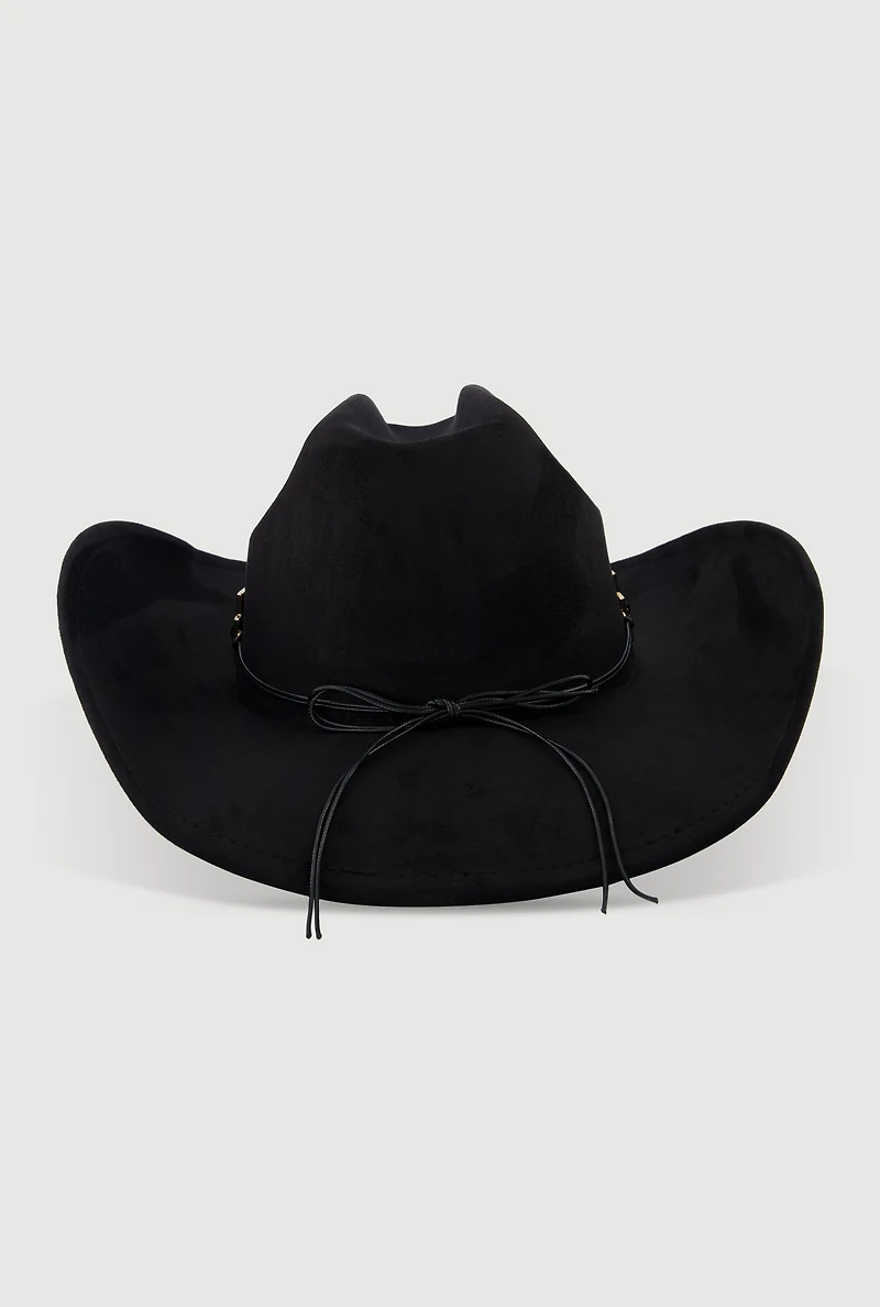 Womens Trendy Faux Suede Metallic Cross Trim Cowboy Hat, Black