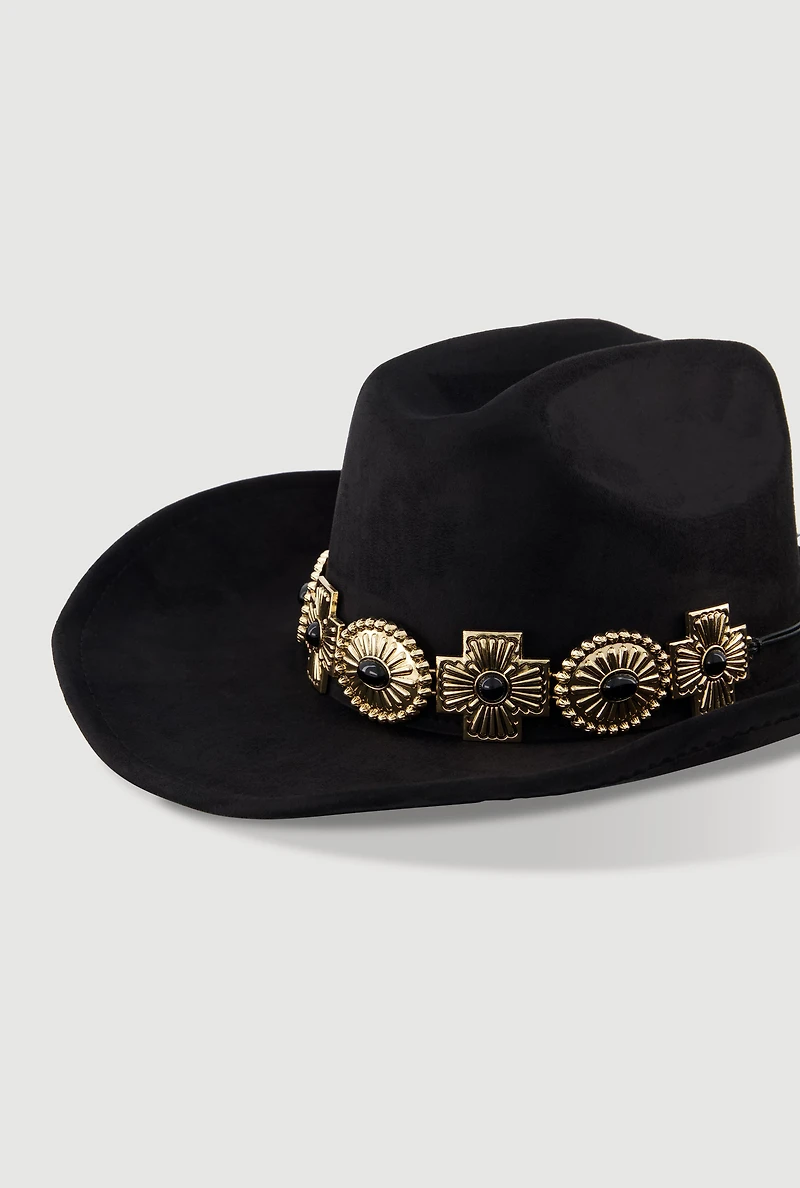 Womens Trendy Faux Suede Metallic Cross Trim Cowboy Hat, Black