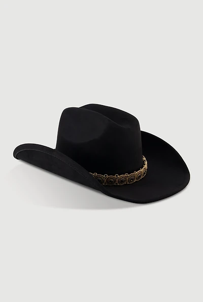 Womens Faux Suede Metallic Boho Trim Cowboy Hat, Black