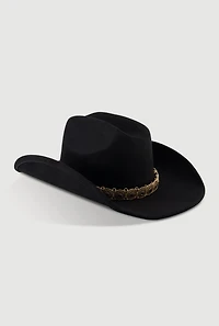 Womens Faux Suede Metallic Boho Trim Cowboy Hat, Black