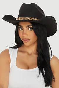 Womens Faux Suede Metallic Boho Trim Cowboy Hat, Black