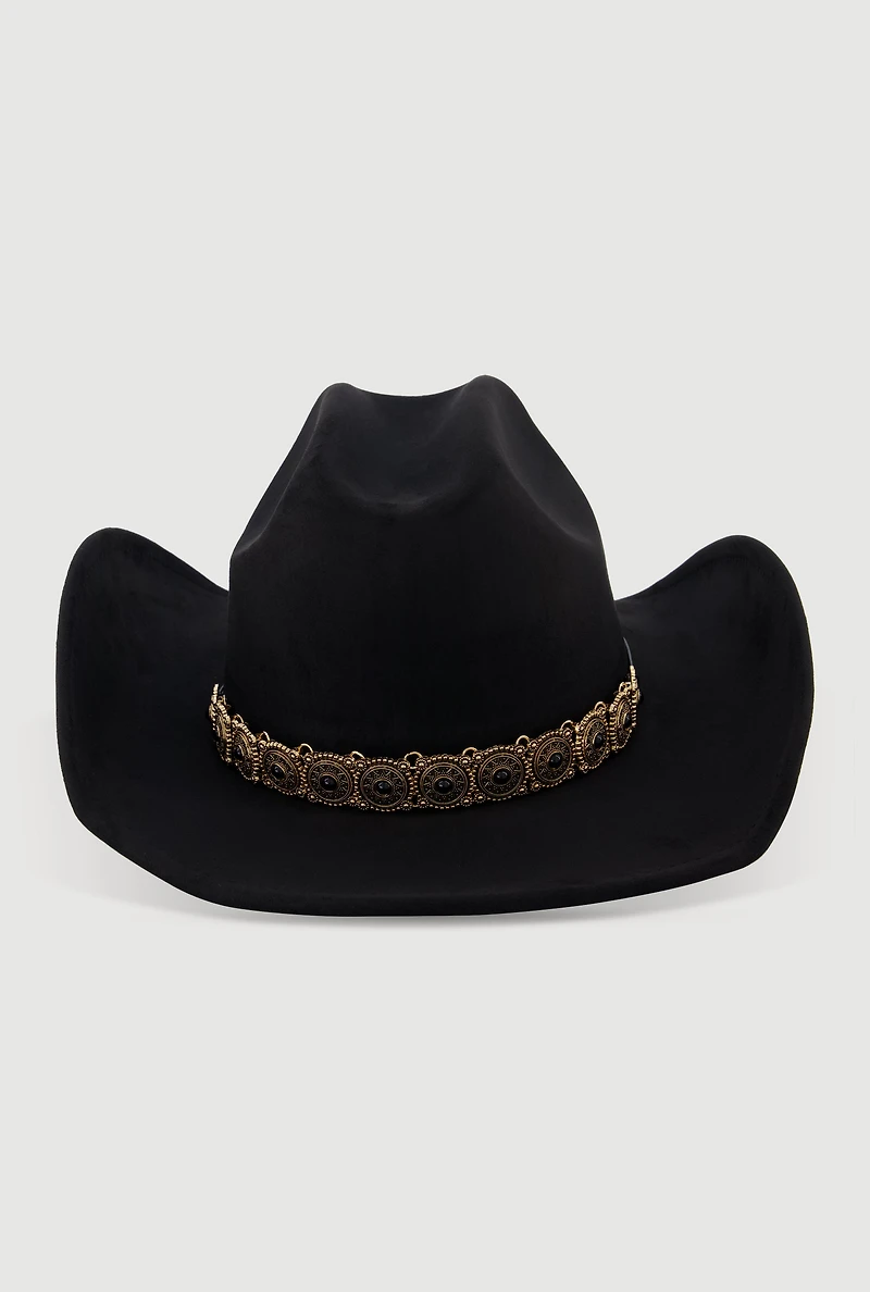 Faux Suede Metallic Boho Trim Cowboy Hat