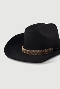 Womens Faux Suede Metallic Boho Trim Cowboy Hat, Black