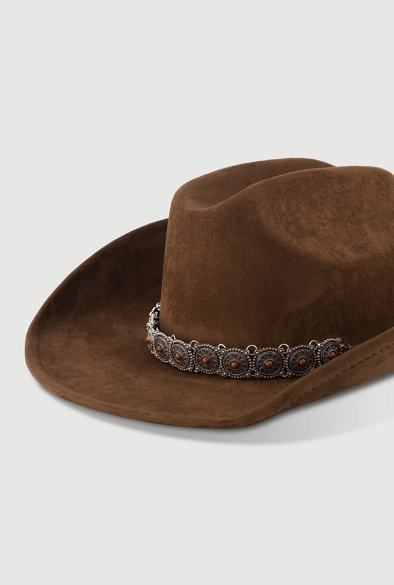 Faux Suede Boho Belted Cowboy Hat