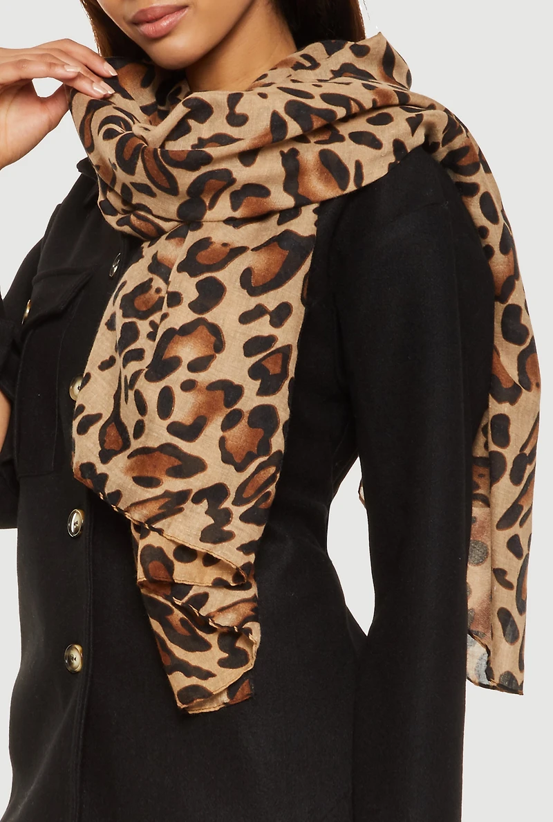 Womens Leopard Print Pashmina Scarf, Brown