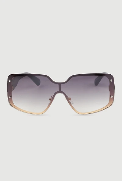 Womens Gradient Lens Shield Sunglasses with Stud Detail, Black