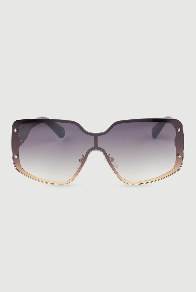 Womens Gradient Lens Shield Sunglasses with Stud Detail, Black
