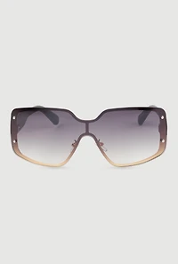 Womens Gradient Lens Shield Sunglasses with Stud Detail, Black