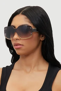 Womens Gradient Lens Shield Sunglasses with Stud Detail, Black