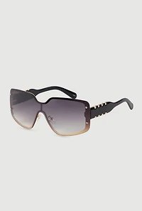Womens Gradient Lens Shield Sunglasses with Stud Detail, Black