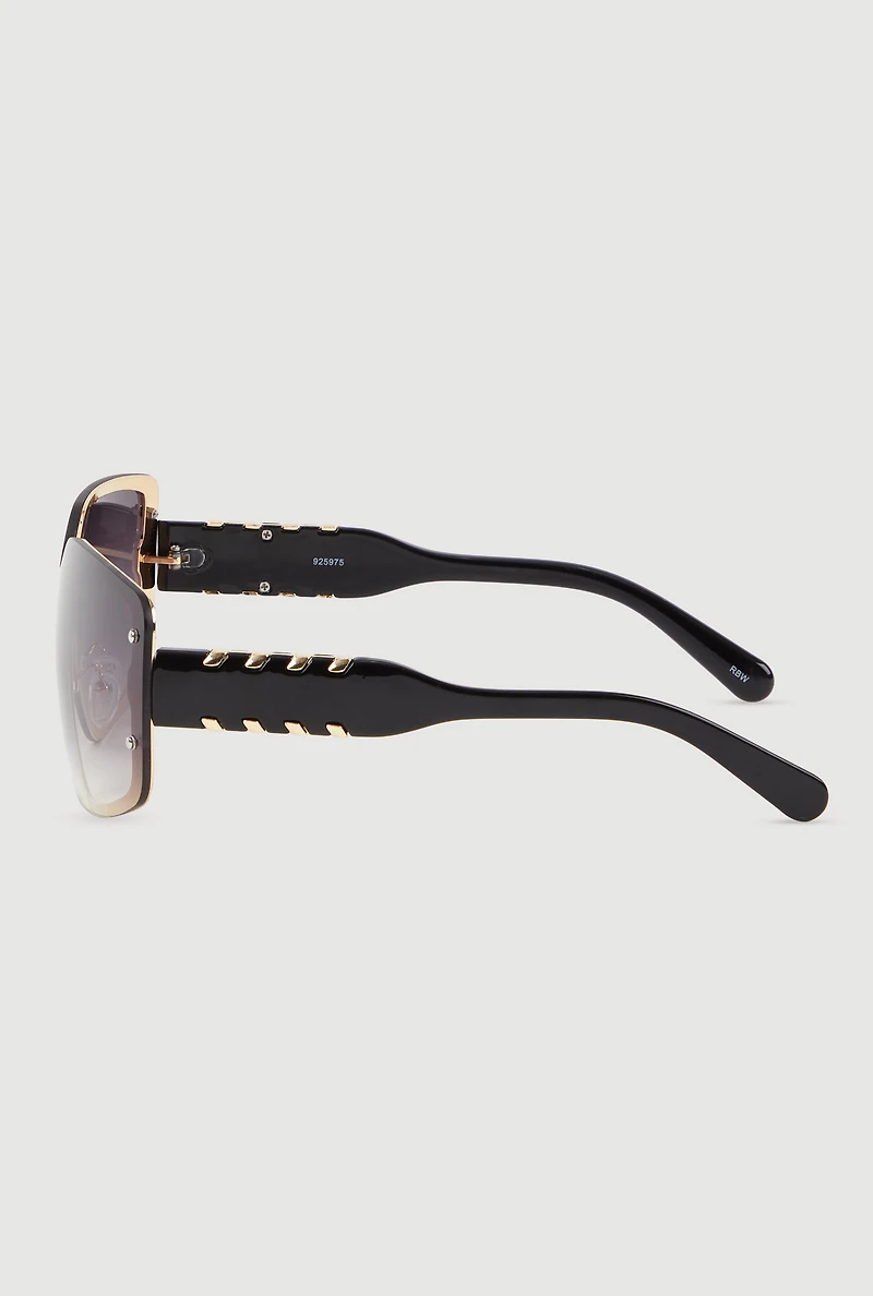 Womens Gradient Lens Shield Sunglasses with Stud Detail, Black