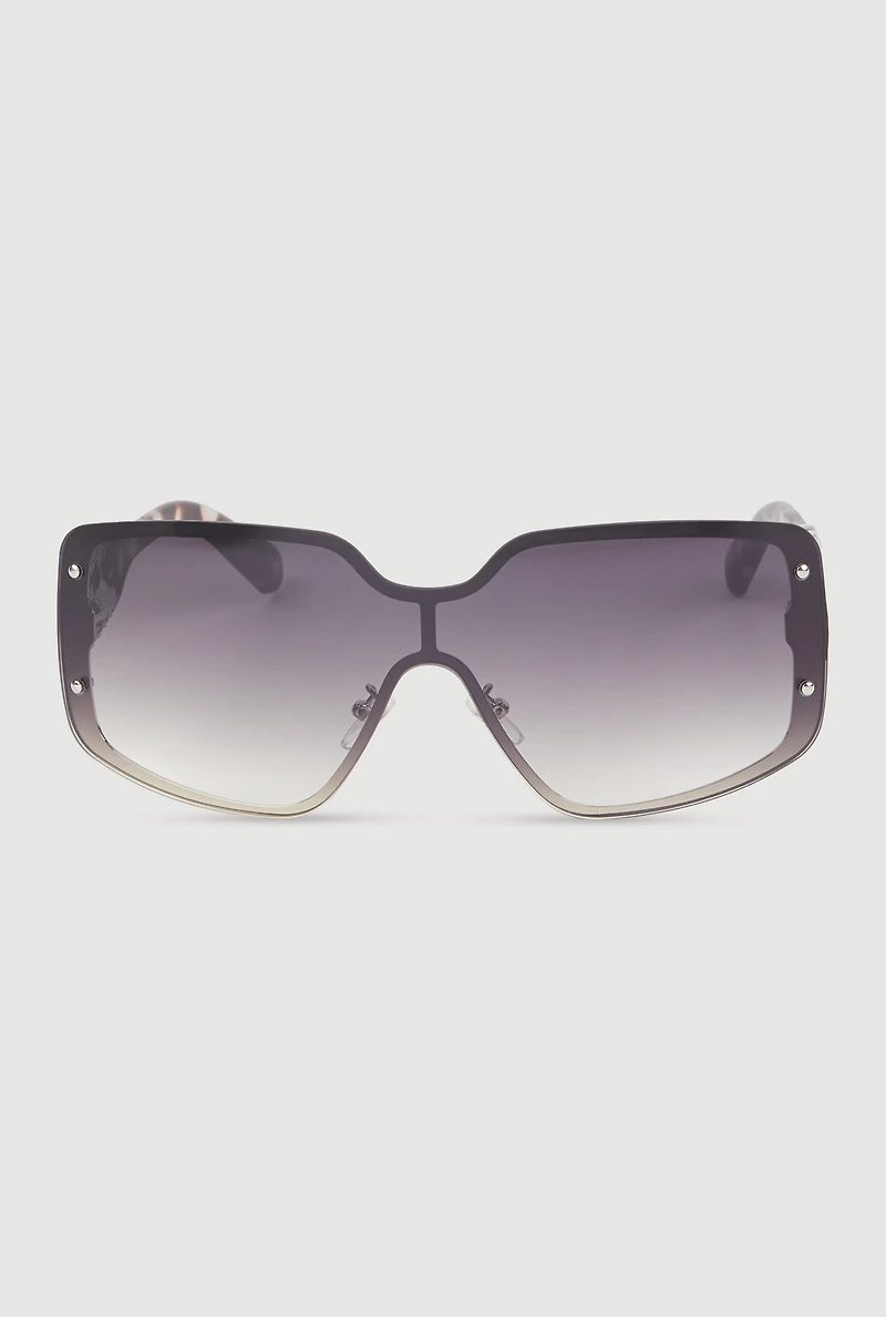 Womens Gradient Lens Shield Sunglasses with Stud Detail, Multi