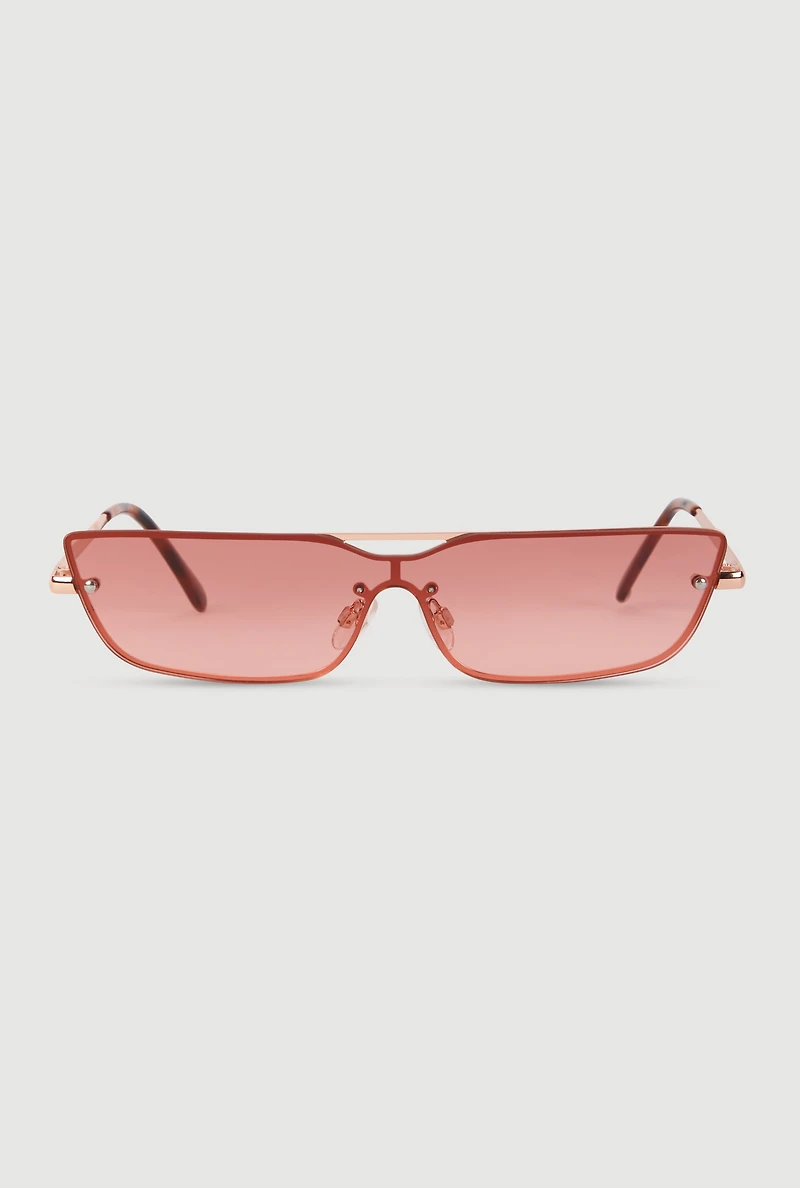 Womens Rimless Metallic Shield Sunglasses, Pink
