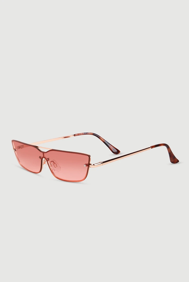 Womens Rimless Metallic Shield Sunglasses, Pink