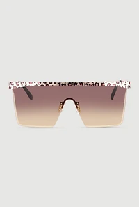Leopard Print Trim Ombre Lens Shield Sunglasses