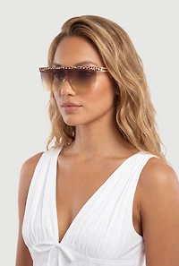 Leopard Print Trim Ombre Lens Shield Sunglasses
