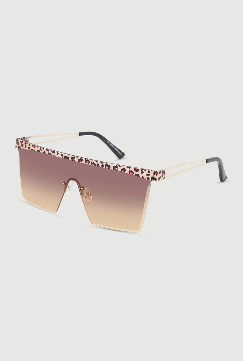 Leopard Print Trim Ombre Lens Shield Sunglasses