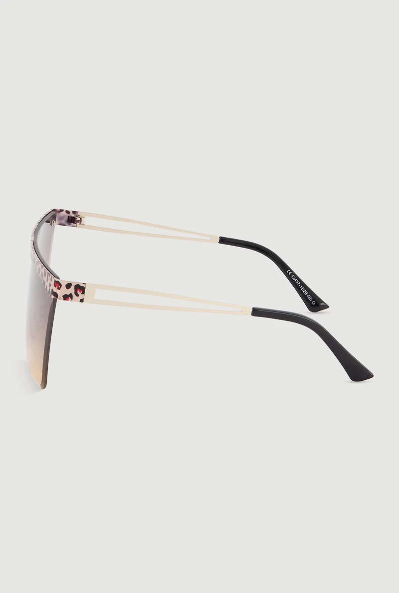 Leopard Print Trim Ombre Lens Shield Sunglasses