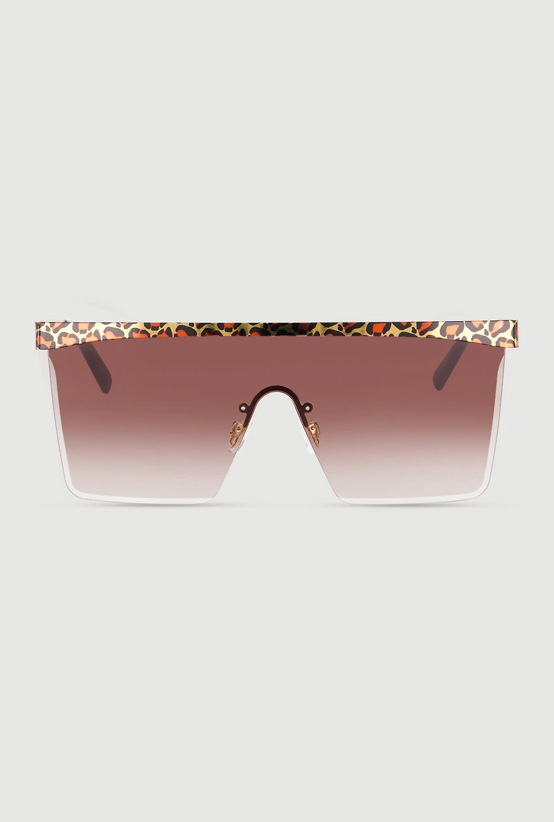 Leopard Print Trim Ombre Lens Shield Sunglasses