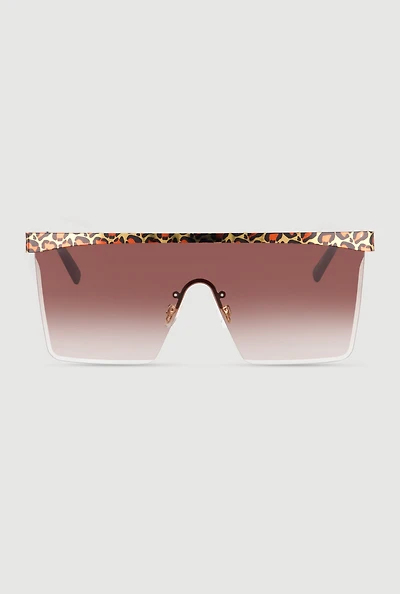 Leopard Print Trim Ombre Lens Shield Sunglasses