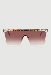 Leopard Print Trim Ombre Lens Shield Sunglasses