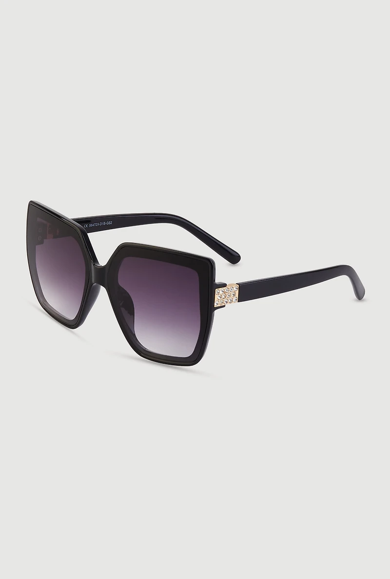 Womens Rhinestone Temple Detail Sunglasses, Black