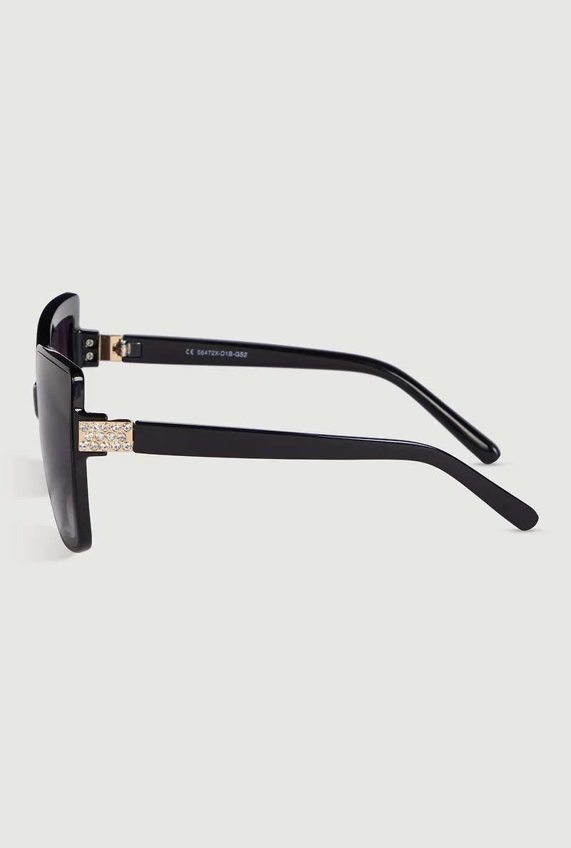 Womens Rhinestone Temple Detail Sunglasses, Black